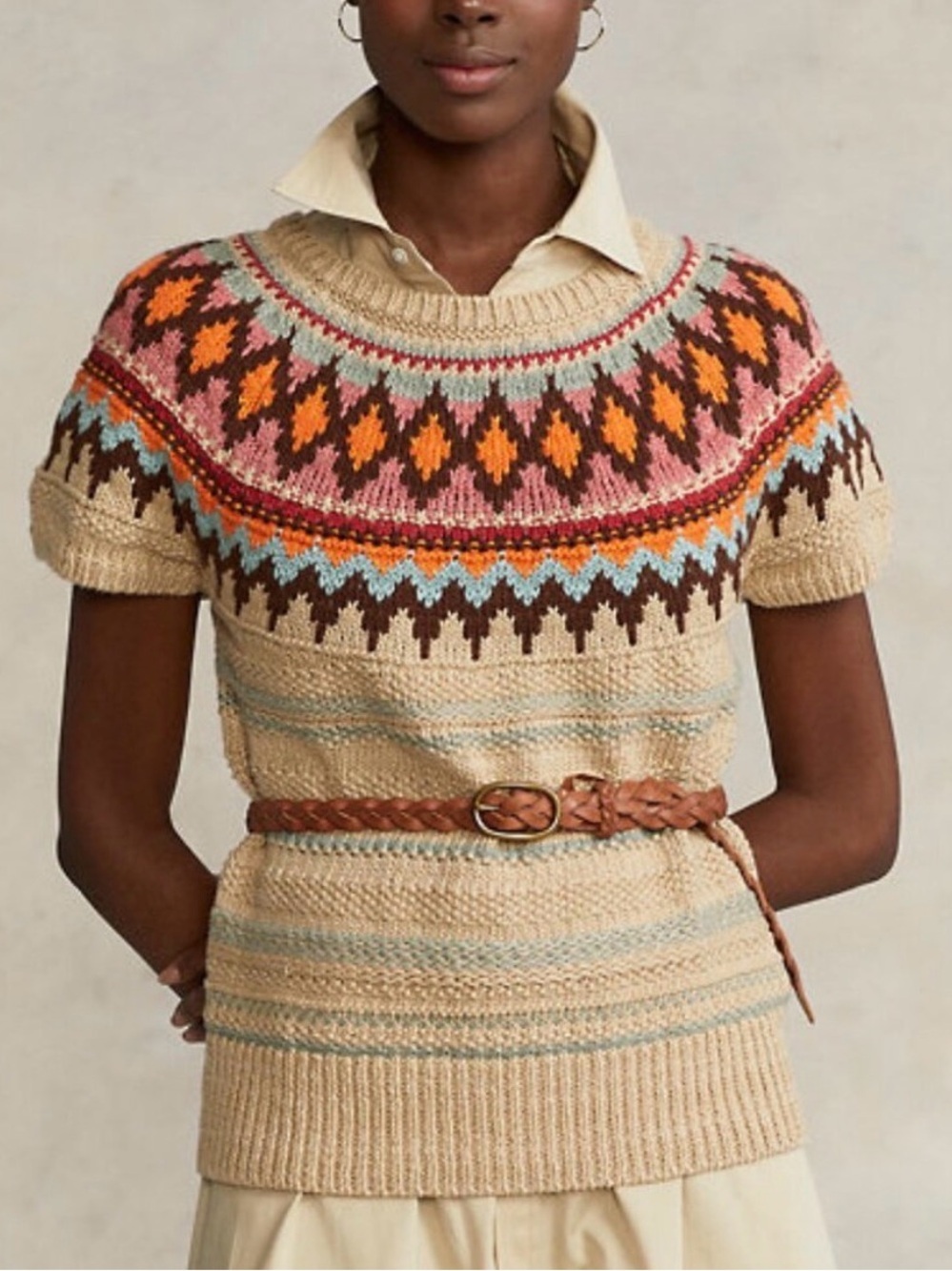 Polo Ralph Lauren Jacquard Short Sleeve Sweater Blouse Beige Stripe Knit Top XXL